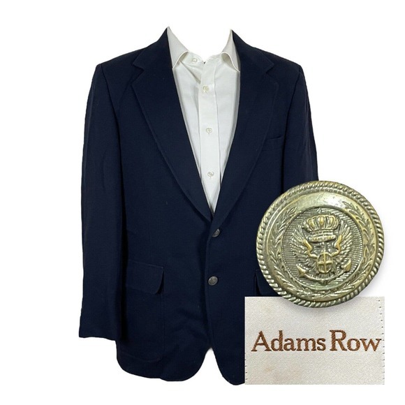 Vintage‎ Adams Row Blazer Mens 42S Navy Blue Two Silver Buttons Flannel Wool - Picture 1 of 10